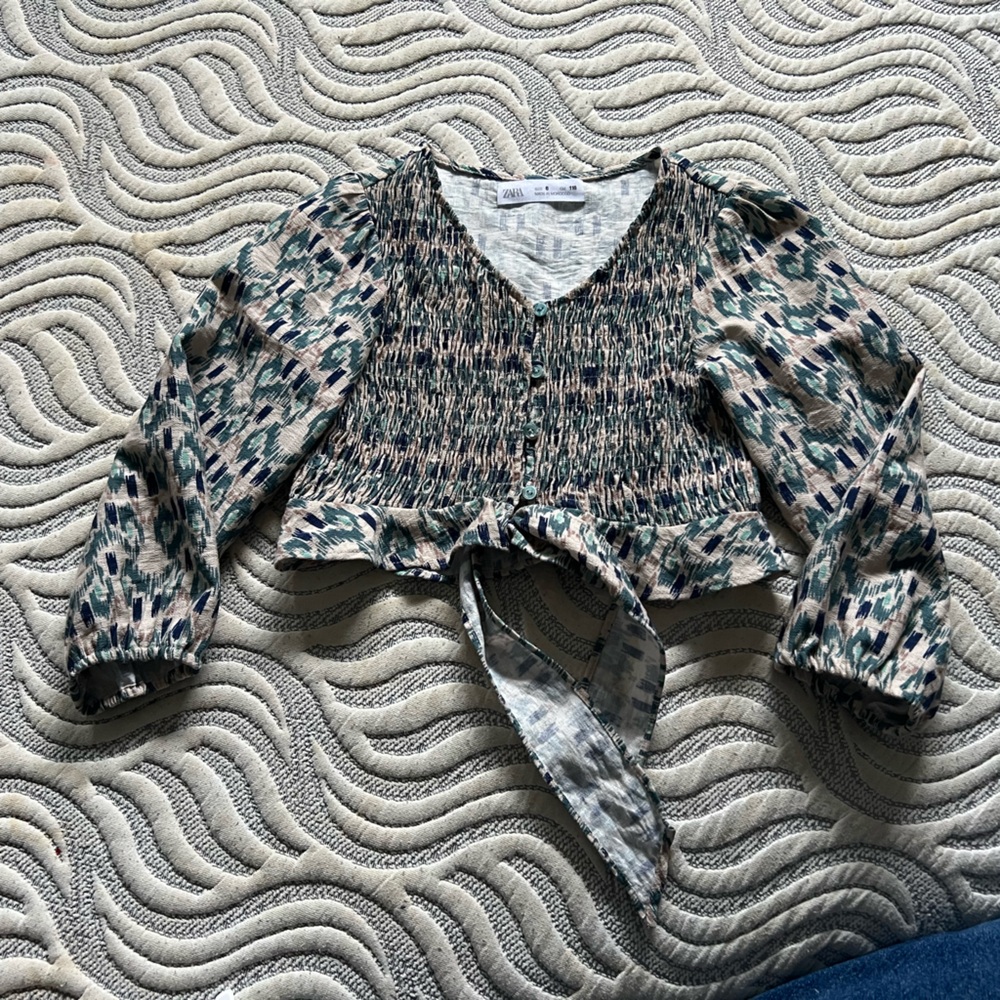 Zara Textured Blue and Cream Blouse